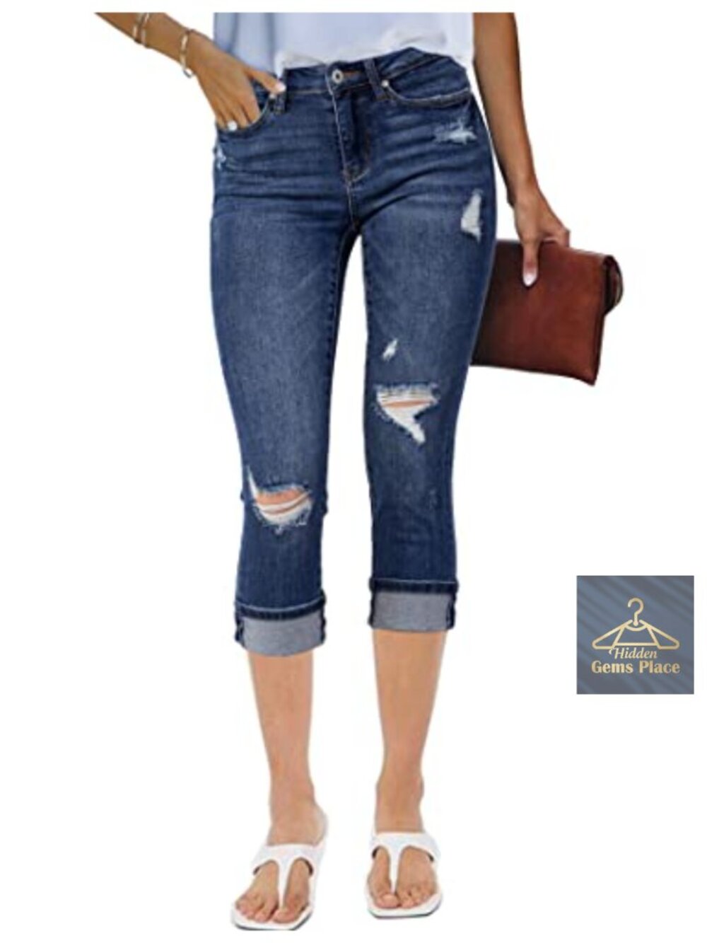 Stretch High Waisted Distressed Denim Capris Ripped Skinny Cropped Pants